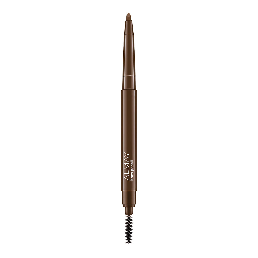 Almay Brow Pencil 802 Brunette – angled 3-in-1 tool with dual-edge tip, spoolie brush and creamy blendable formula