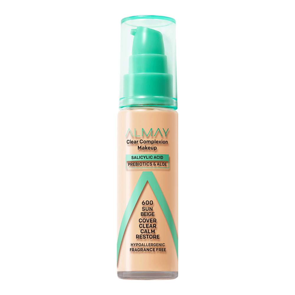 Almay Clear Complexion Makeup 600 Sun Beige foundation with matte coverage and salicylic acid for breakout-prone skin