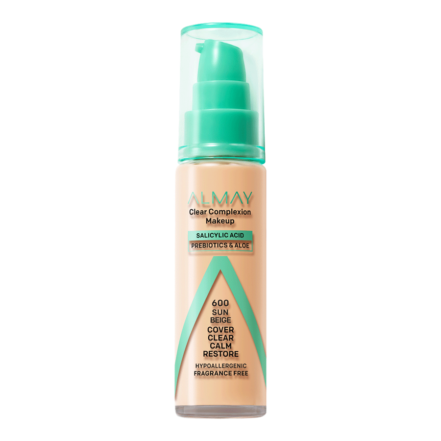 Almay Clear Complexion Makeup 600 Sun Beige foundation with matte coverage and salicylic acid for breakout-prone skin