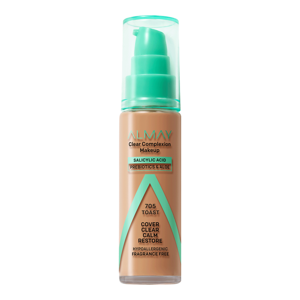 Almay Clear Complexion Makeup 705 Toast foundation with matte finish, salicylic acid, and oil control for deeper skin tones