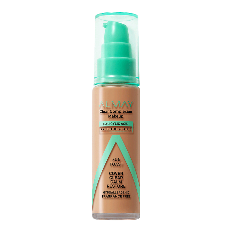 Almay Clear Complexion Makeup 705 Toast foundation with matte finish, salicylic acid, and oil control for deeper skin tones