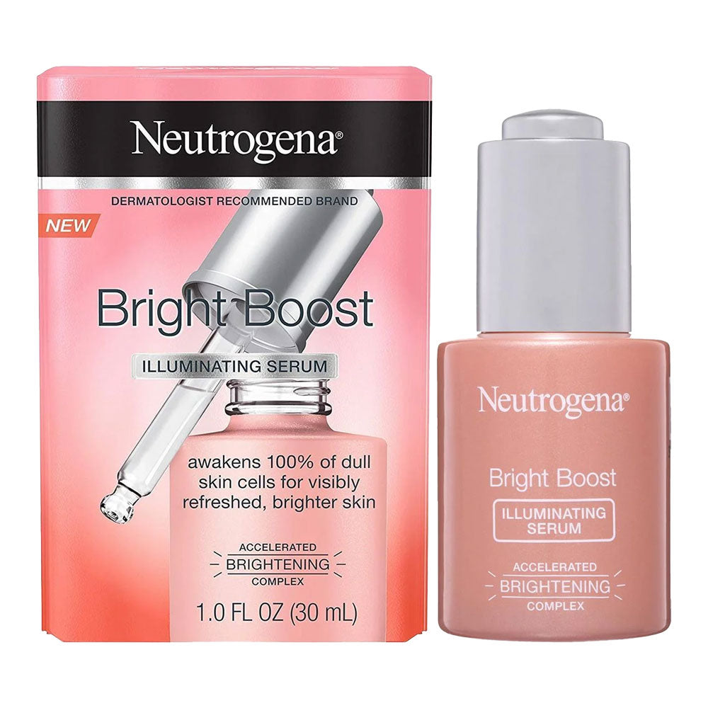 Neutrogena Bright Boost Illuminating Serum 30ml bottle and box side by side on white background