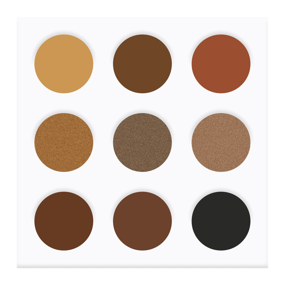 EYECONIQ 9pc BROWN palette with versatile neutrals in matte, shimmer, and glitter—vegan, longwear, exclusive to Blush Fiji