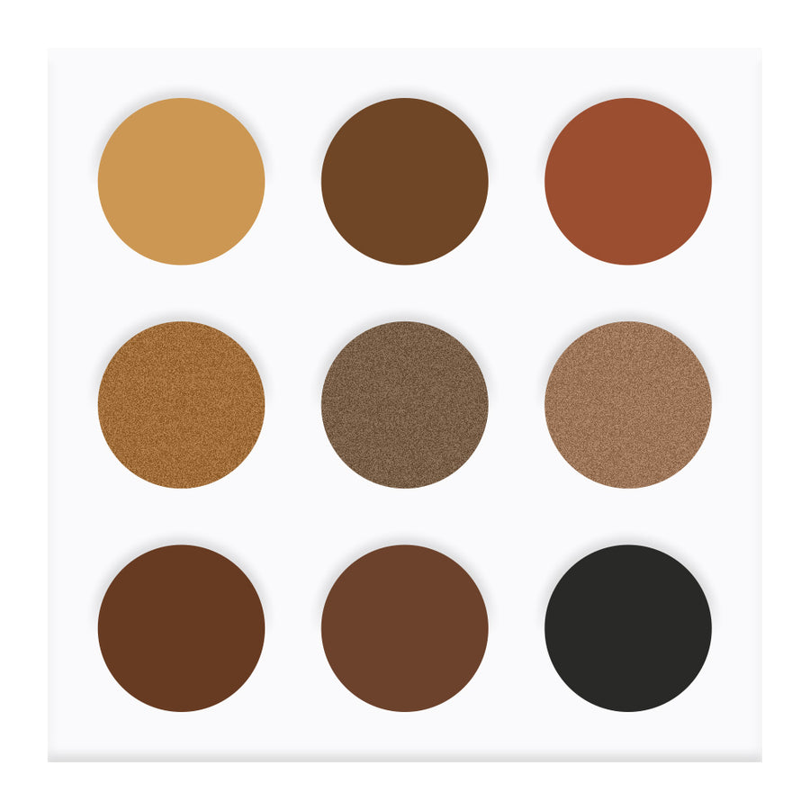 EYECONIQ 9pc BROWN palette with versatile neutrals in matte, shimmer, and glitter—vegan, longwear, exclusive to Blush Fiji