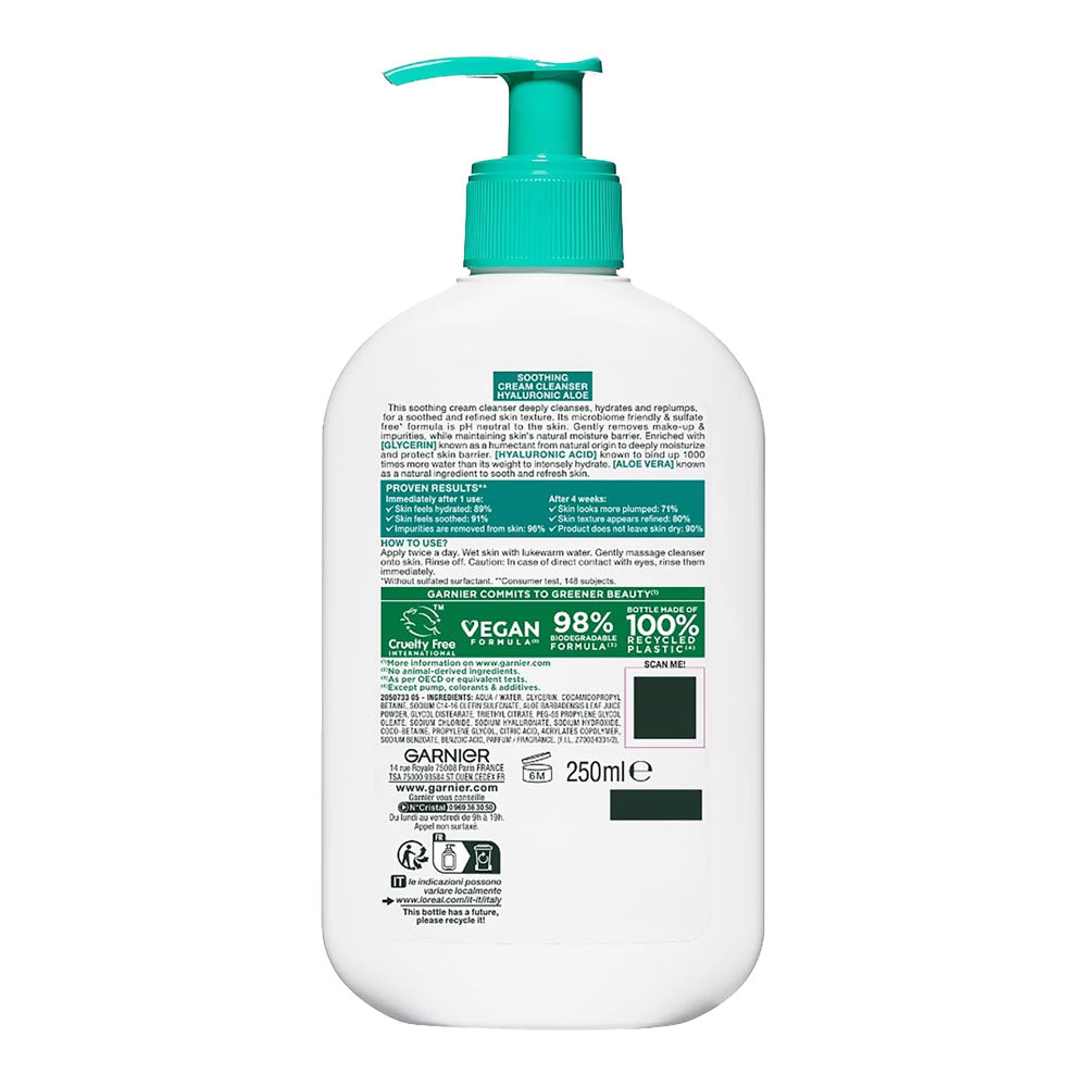 Back label of Garnier SkinActive Hyaluronic Aloe Cream Cleanser 250ml – vegan, cruelty-free formula with usage directions and ingredients list