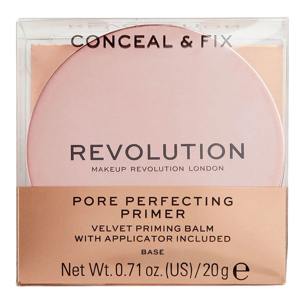 Revolution Pore Perfecting Primer box packaging highlighting matte, pore-blurring gel primer for smooth longwear base