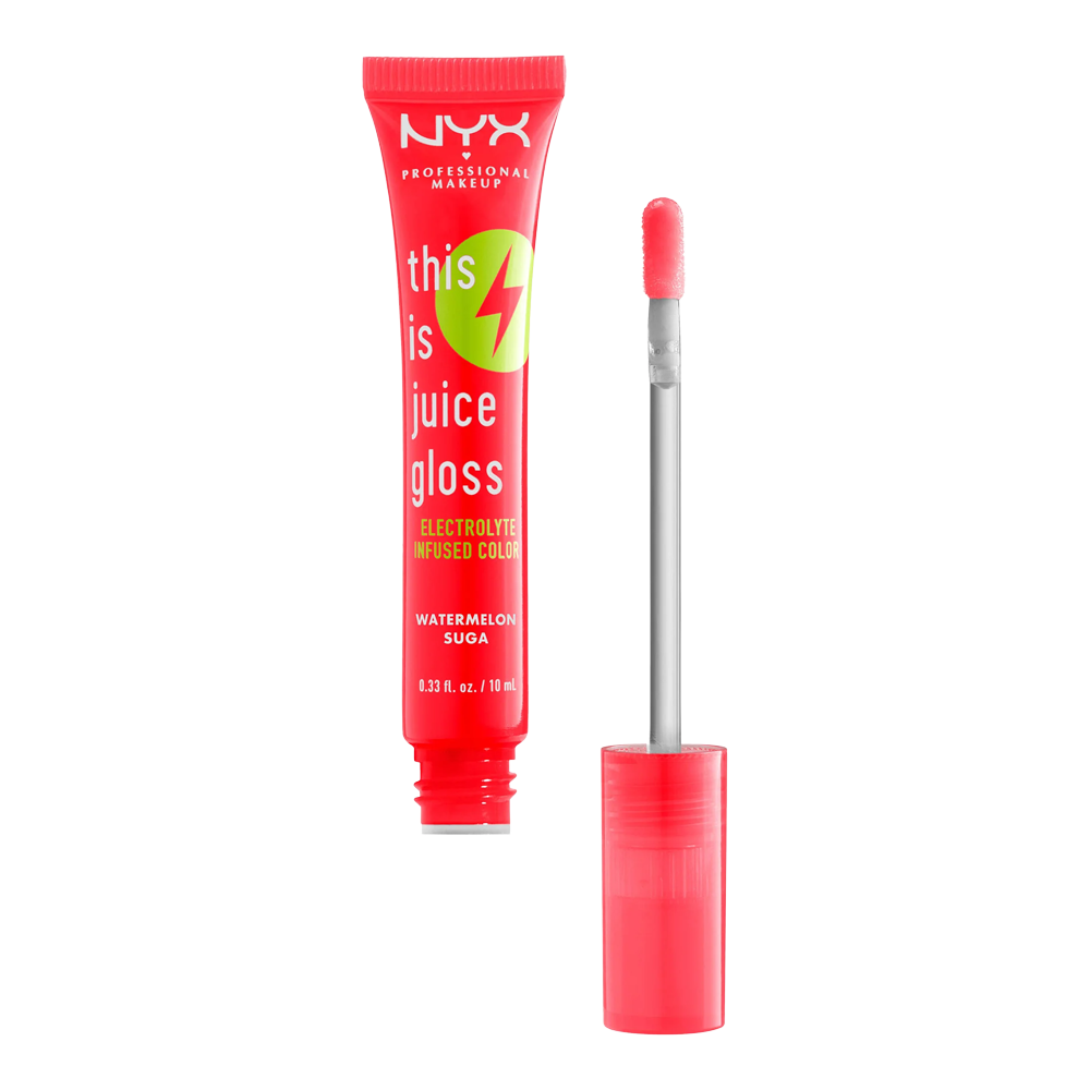 NYX This is Juice Gloss WATERMELON SUGA TIJG02 open with applicator, showcasing glossy vegan shine and hydrating electrolyte-infused formula