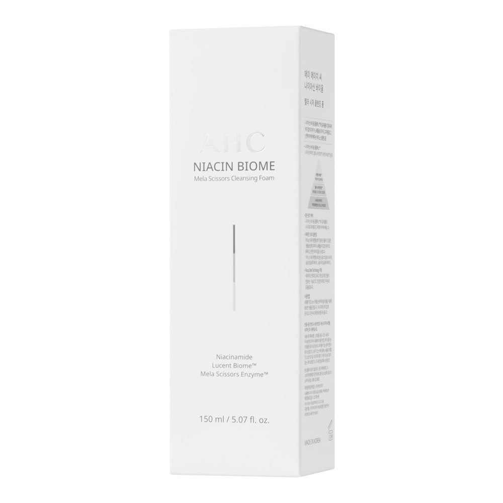 AHC Niacin Biome Mela Scissors Cleansing Foam 150ml packaging showing tube design and brightening foam formula