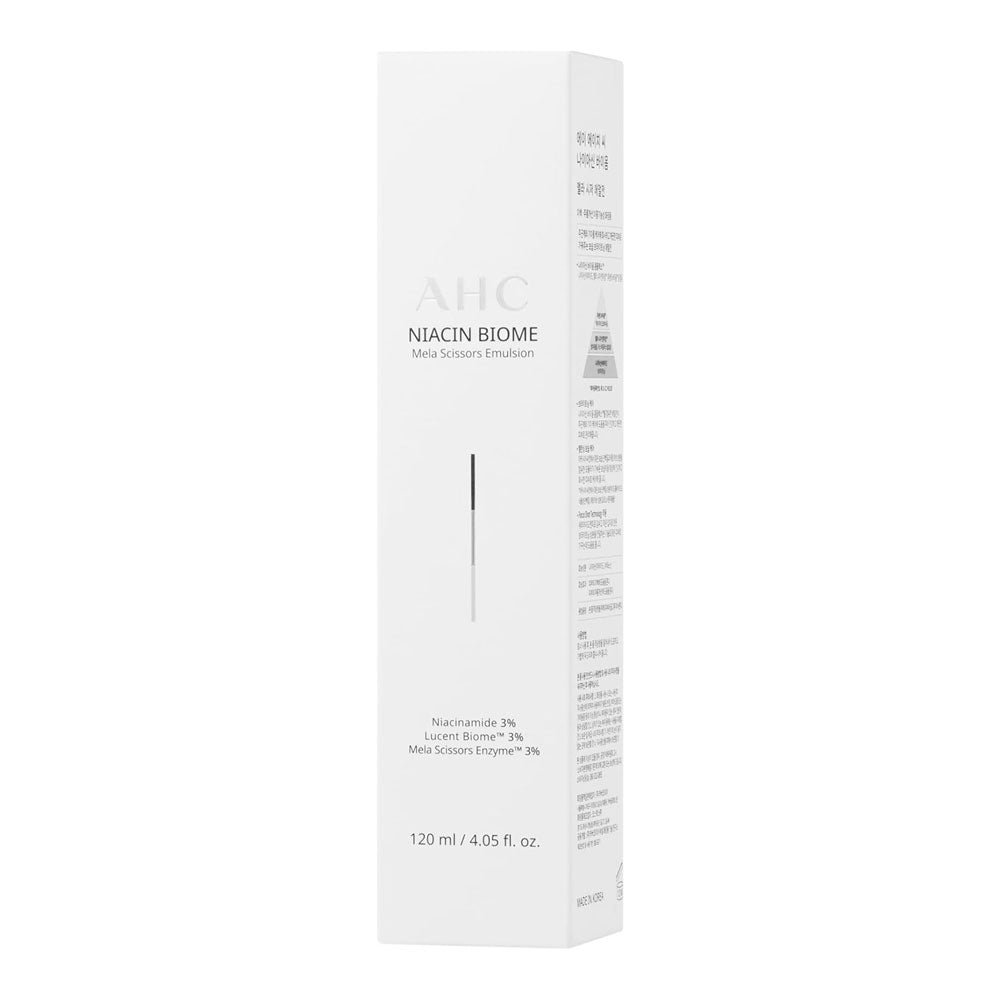 AHC Niacin Biome Mela Scissors Emulsion 120ml packaging bottle showing hydrating brightening emulsion with niacinamide
