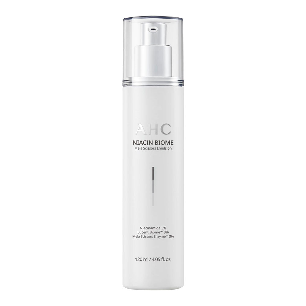 AHC Niacin Biome Mela Scissors Emulsion 120ml unboxed bottle with hydrating brightening emulsion for even tone and barrier care