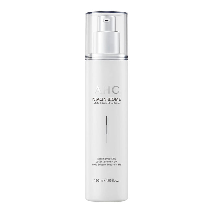 AHC Niacin Biome Mela Scissors Emulsion 120ml unboxed bottle with hydrating brightening emulsion for even tone and barrier care