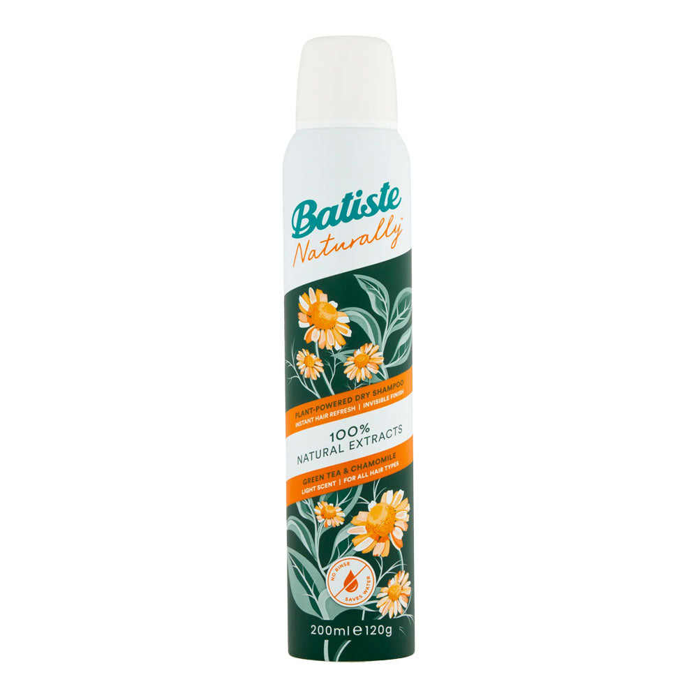 Batiste Green Tea & Chamomile Dry Shampoo 200ml – oil-absorbing, scalp-soothing, herbal mist for limp or oily hair
