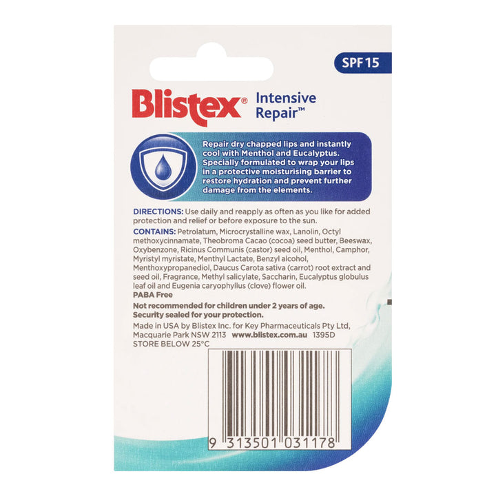 Blistex Intensive Repair SPF 15 lip balm back packaging showing directions, ingredients and product benefits