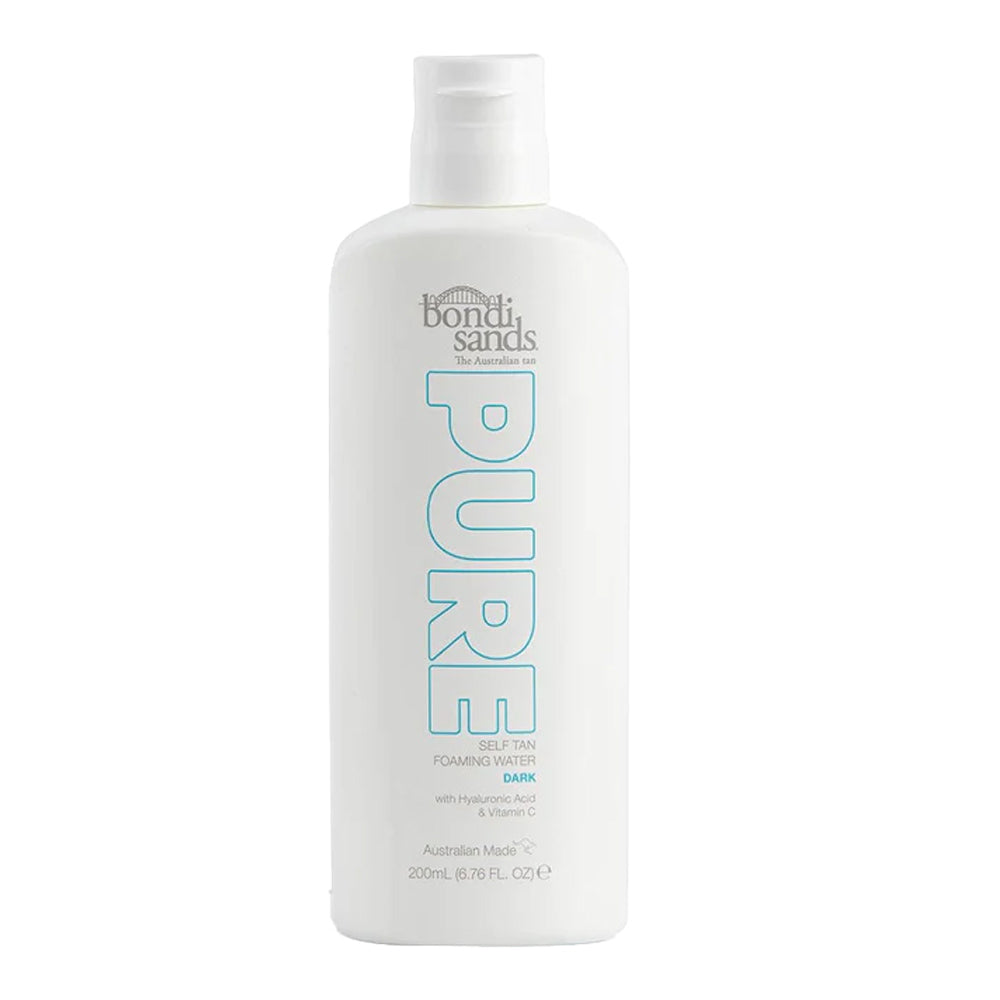 Bondi Sands Pure Self Tan Foaming Water Dark bottle showing colourless formula and golden glow hydration benefits