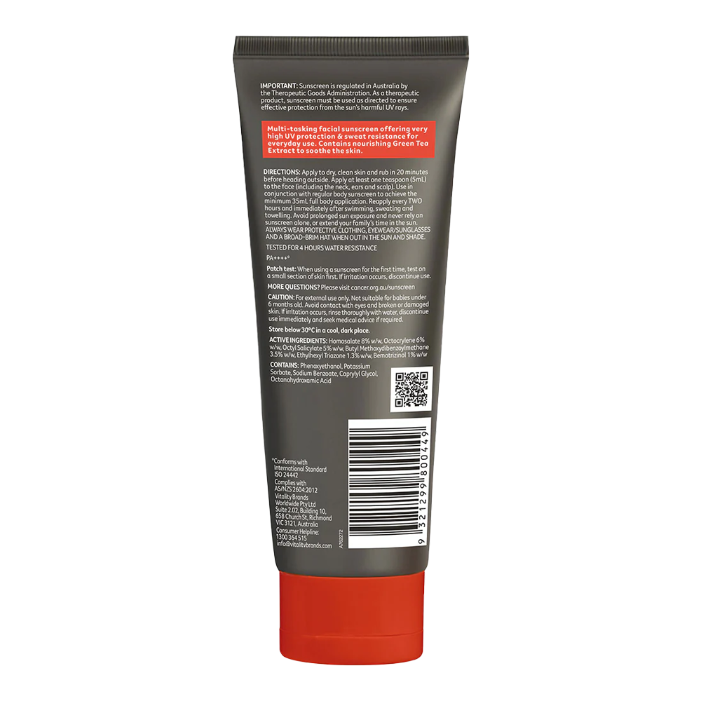 Back of Cancer Council Hydrating Sunscreen for Men SPF50+ 100ml showing directions, ingredients and usage information on product label
