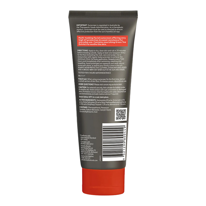 Back of Cancer Council Hydrating Sunscreen for Men SPF50+ 100ml showing directions, ingredients and usage information on product label