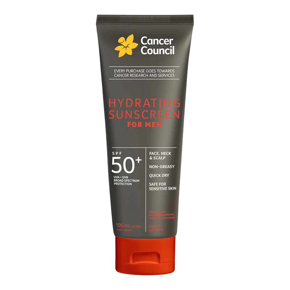 Cancer Council Hydrating Sunscreen for Men SPF50+ 100ml - non-greasy texture and UVA/UVB protection for active, outdoor skin
