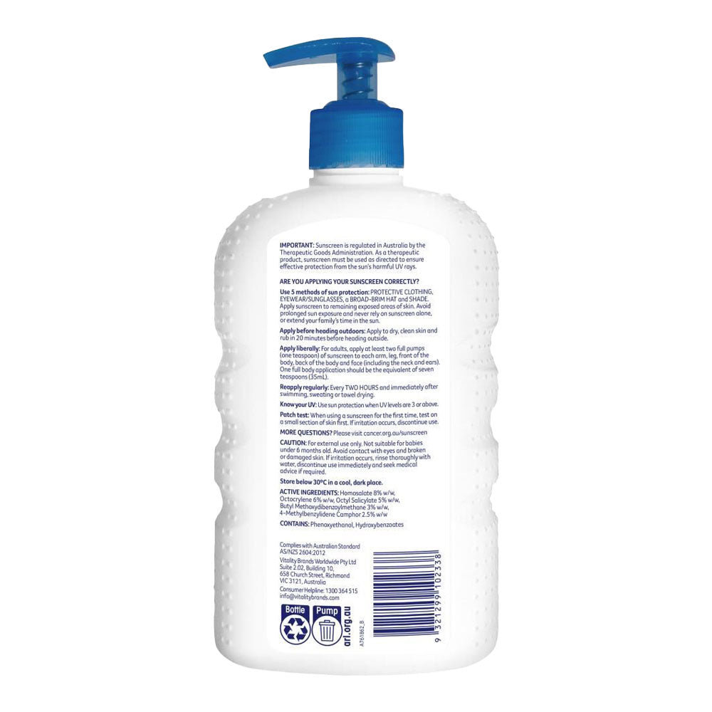 Cancer Council Watersport Sunscreen SPF50+ 500ml back label with directions for use, ingredients and safety information