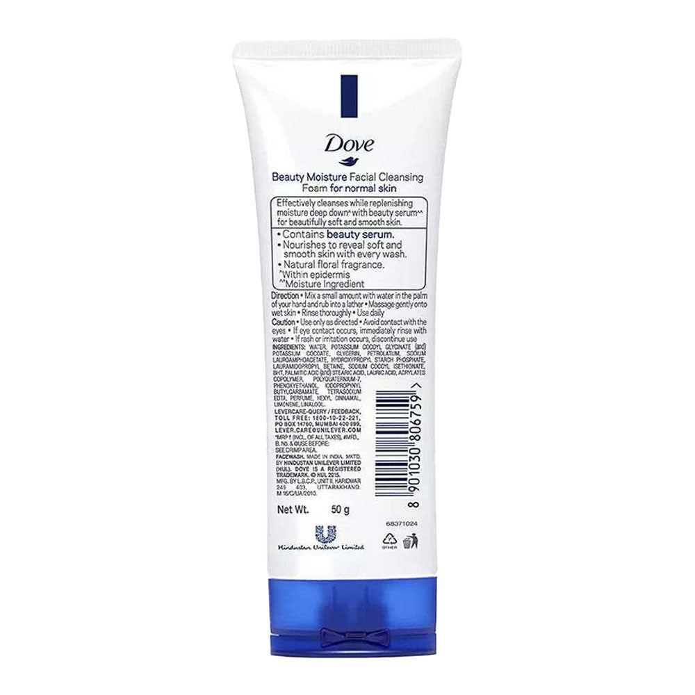 Back of Dove Beauty Moisture Conditioning Facial Cleanser 100g tube showing product details and ingredient list