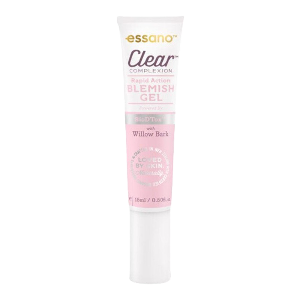 Essano Clear Complexion Blemish Gel, showing packaging, ideal for oily/combination skin. Controls blemishes and oil.
