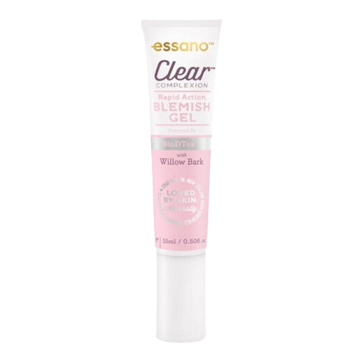 Essano Clear Complexion Blemish Gel, showing packaging, ideal for oily/combination skin. Controls blemishes and oil.