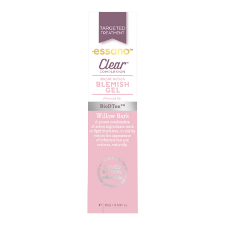 Essano Clear Complexion Rapid Action Blemish Gel for oily/combination skin, reduces blemishes and controls oil production.