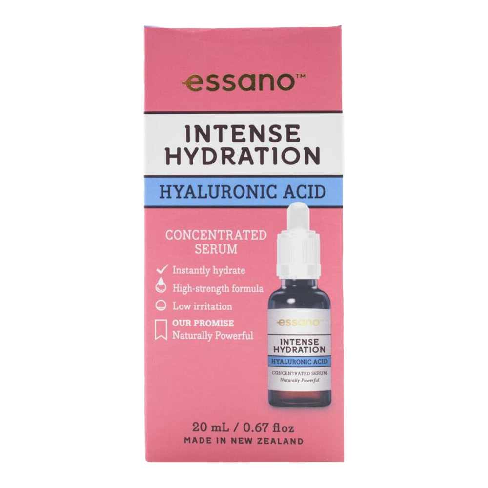 Essano Hyaluronic Acid Intense Hydration Concentrated Serum – 20ml bottle for deep skin hydration.