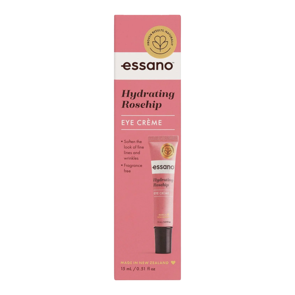 Essano Hydrating Rosehip Eye Cream boxed view, highlighting the packaging, ideal for moisturising and reducing puffiness around the eyes.