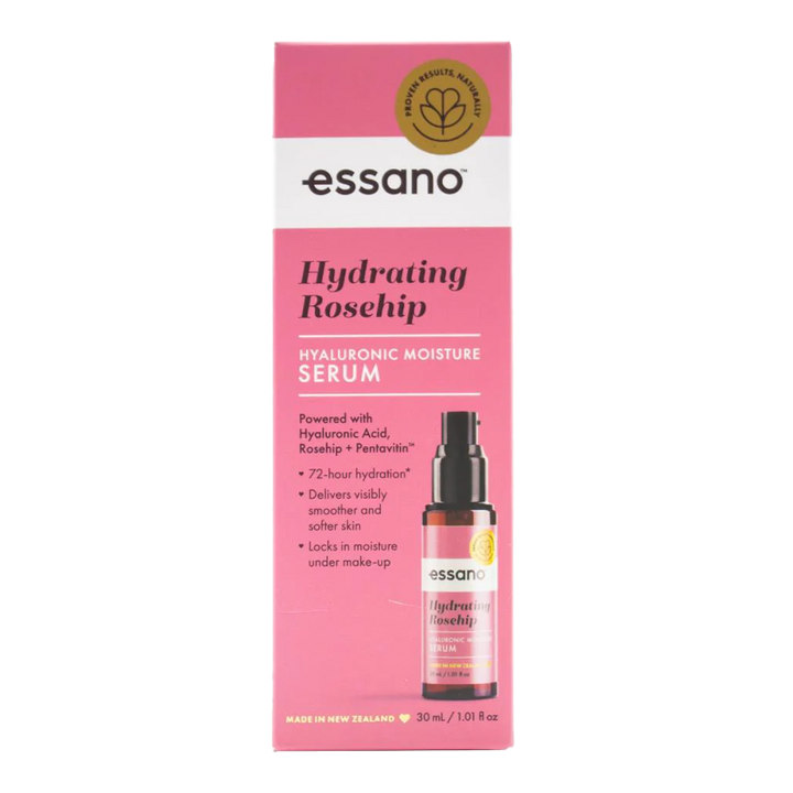 Essano Hydrating Rosehip Hyaluronic Moisture Serum bottle, ideal for dry skin and deep hydration