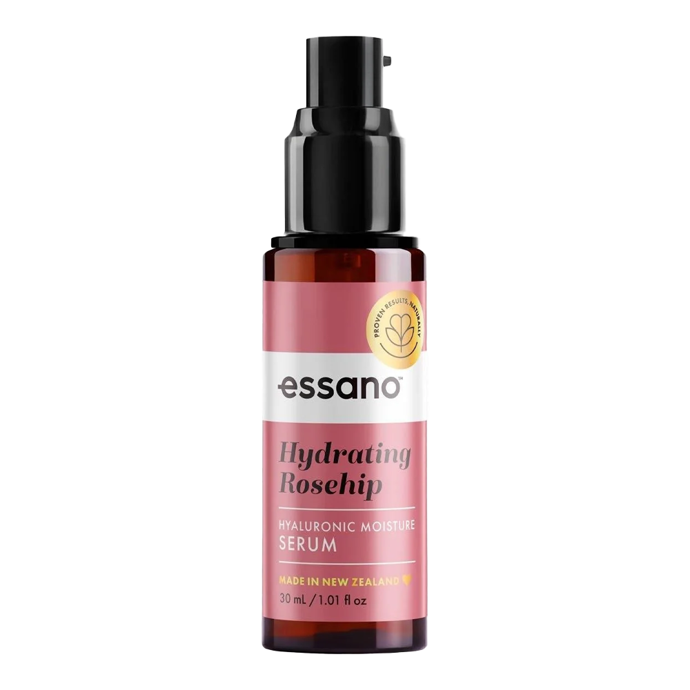 Essano Hydrating Rosehip Hyaluronic Moisture Serum applied to skin, enhancing hydration and promoting elasticity for a youthful, glowing complexion