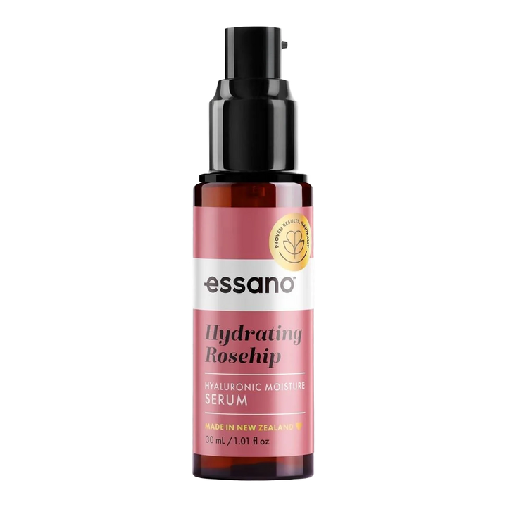 Essano Hydrating Rosehip Hyaluronic Moisture Serum applied to skin, enhancing hydration and promoting elasticity for a youthful, glowing complexion