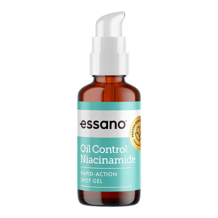 Essano Oil Control Niacinamide Rapid-Action Spot Gel, enriched with niacinamide and willow bark extract to reduce blemishes and excess oil