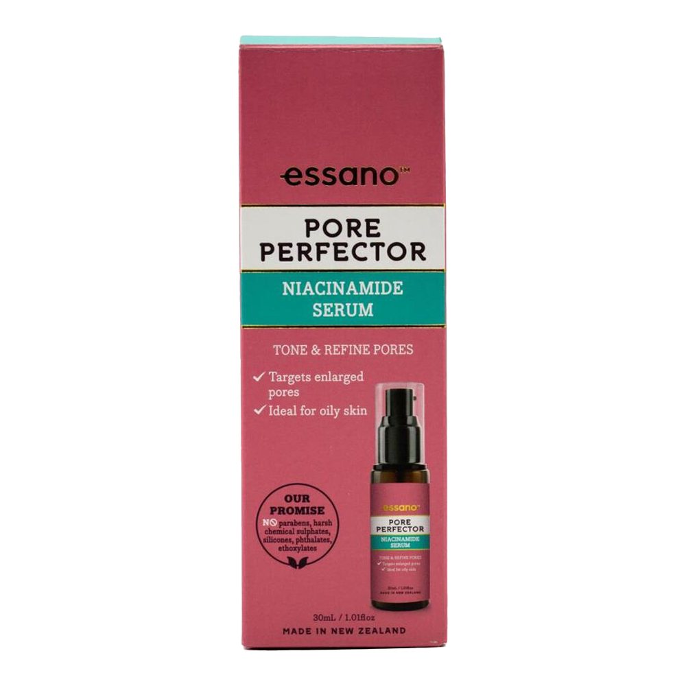 Essano Pore Perfector Niacinamide Serum, enriched with niacinamide to refine pores and improve skin tone