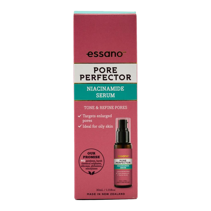 Essano Pore Perfector Niacinamide Serum, enriched with niacinamide to refine pores and improve skin tone