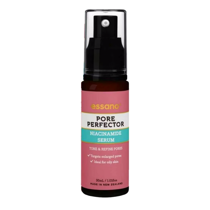 Essano Pore Perfector Niacinamide Serum being applied to refine pores and improve skin tone, leaving the skin smoother and more balanced