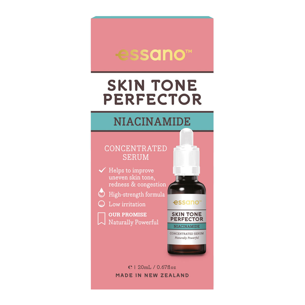 Essano Skin Tone Perfector Niacinamide Serum being applied to refine pores and improve skin tone for a smoother, more even complexion