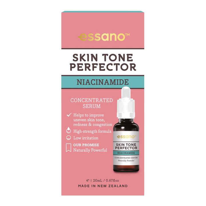 Essano Skin Tone Perfector Niacinamide Serum being applied to refine pores and improve skin tone for a smoother, more even complexion