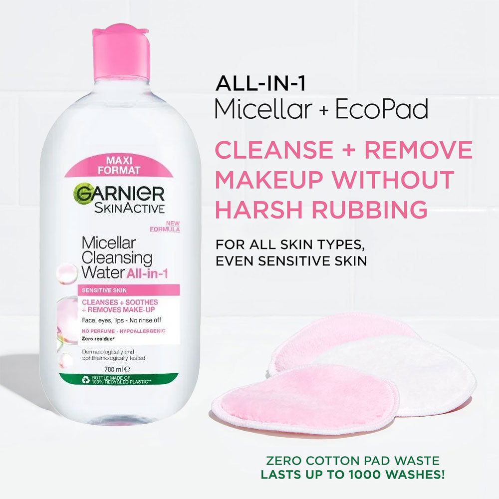 Garnier Micellar Cleansing Kit with huge 700ml water & reusable pads for gentle, no-rinse cleansing and low-waste skincare