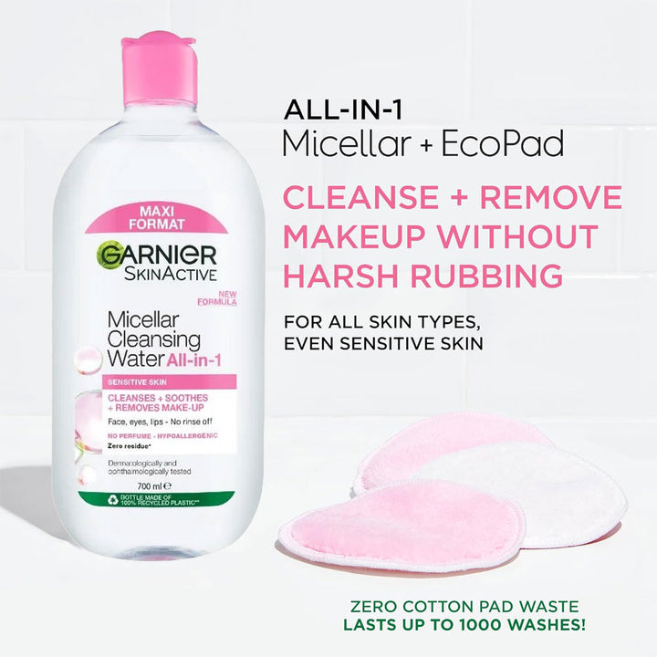 Garnier Micellar Cleansing Kit with huge 700ml water & reusable pads for gentle, no-rinse cleansing and low-waste skincare