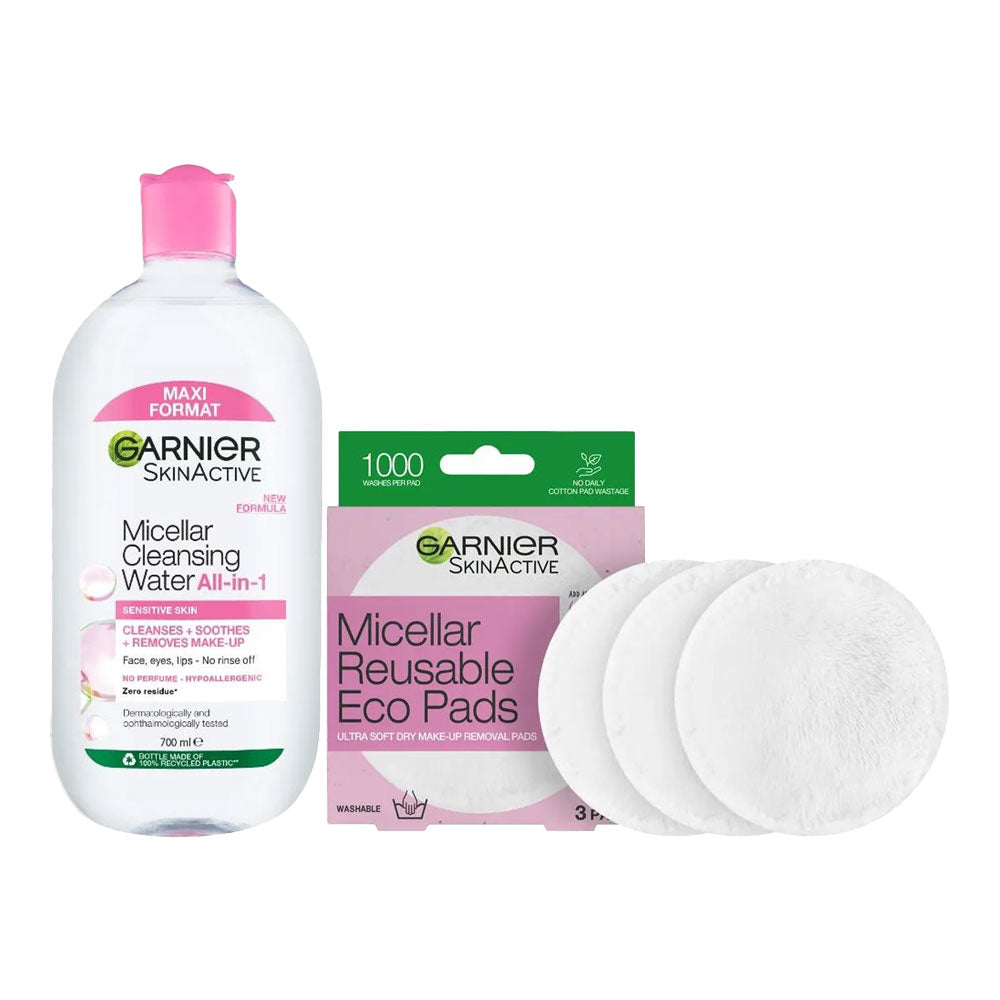 Garnier Micellar Cleansing Kit contents – 700ml Micellar Water bottle, 3x Reusable Eco Pads and green storage pouch