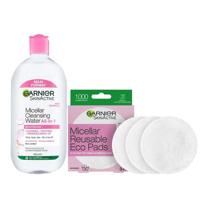 Garnier Micellar Cleansing Kit contents – 700ml Micellar Water bottle, 3x Reusable Eco Pads and green storage pouch