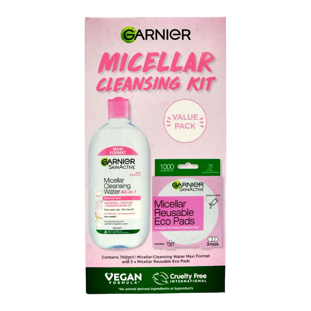 Garnier Micellar Cleansing Kit boxed set with 700ml Garnier Micellar Water, 3x Reusable Eco Pads