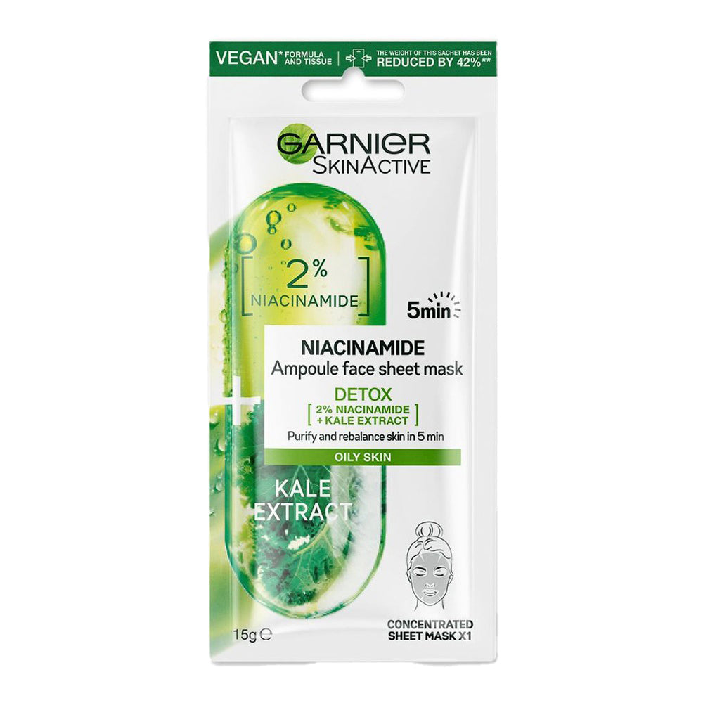 Garnier Niacinamide Sheet Mask with 2% niacinamide and kale extract to purify oily skin, reduce shine and rebalance in just 5 minutes