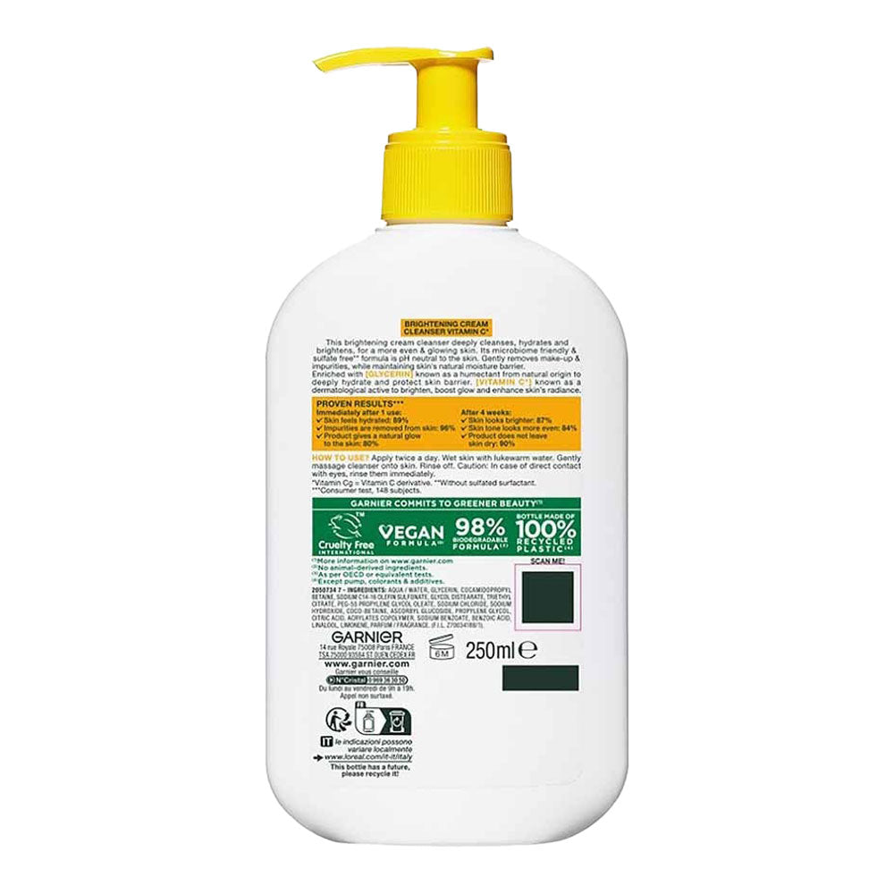 Back of Garnier Vitamin C Cream Cleanser 250ml showing ingredients, usage directions and product claims, Vegan.
