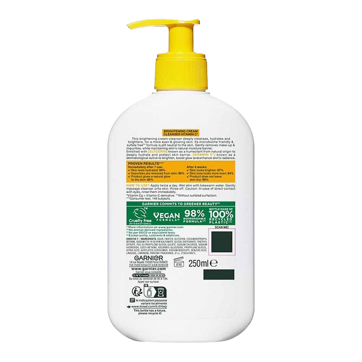 Back of Garnier Vitamin C Cream Cleanser 250ml showing ingredients, usage directions and product claims, Vegan.