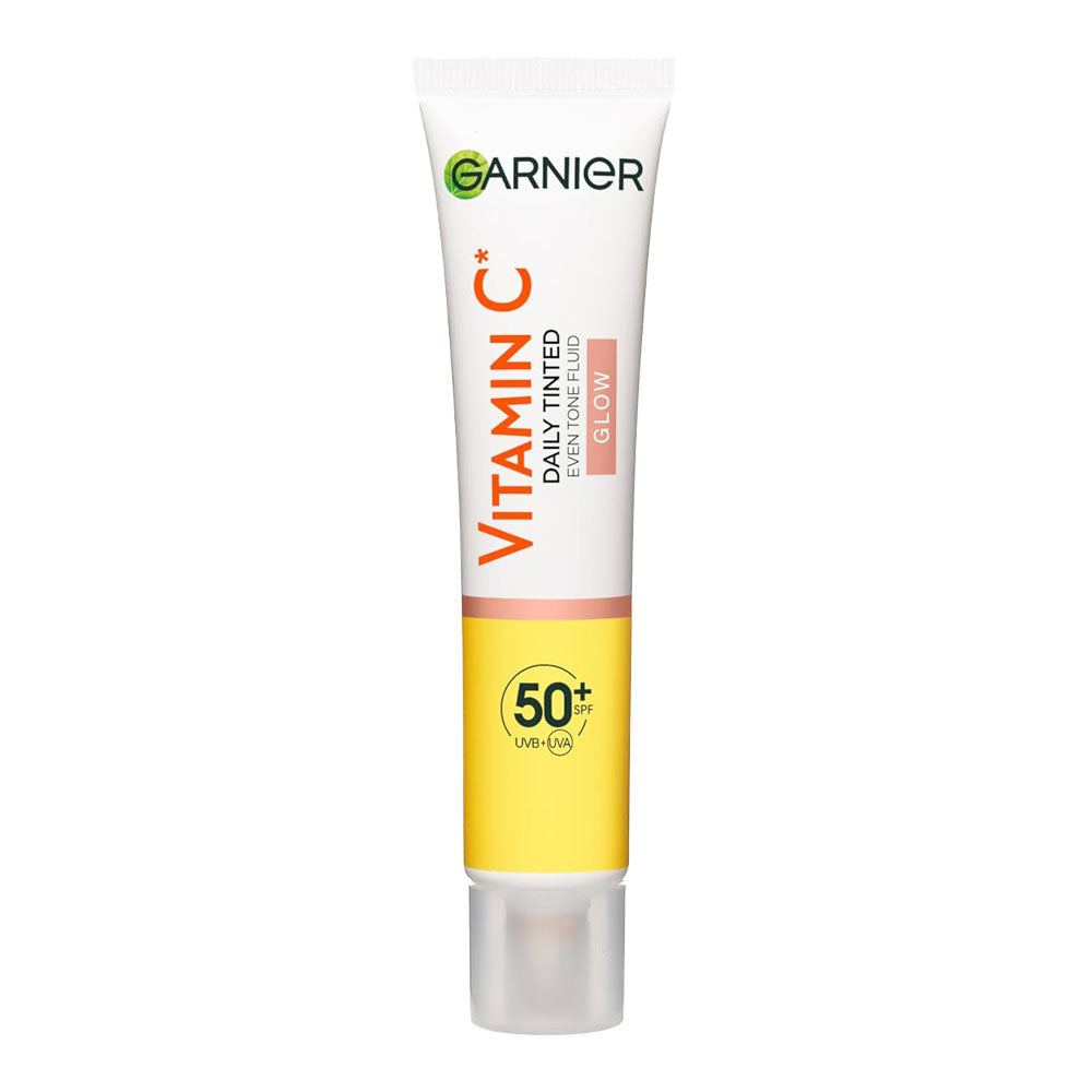 Garnier Vitamin C Daily Tinted Even Tone Fluid SPF 50+ Glow unboxed brightening facial sunscreen with tint