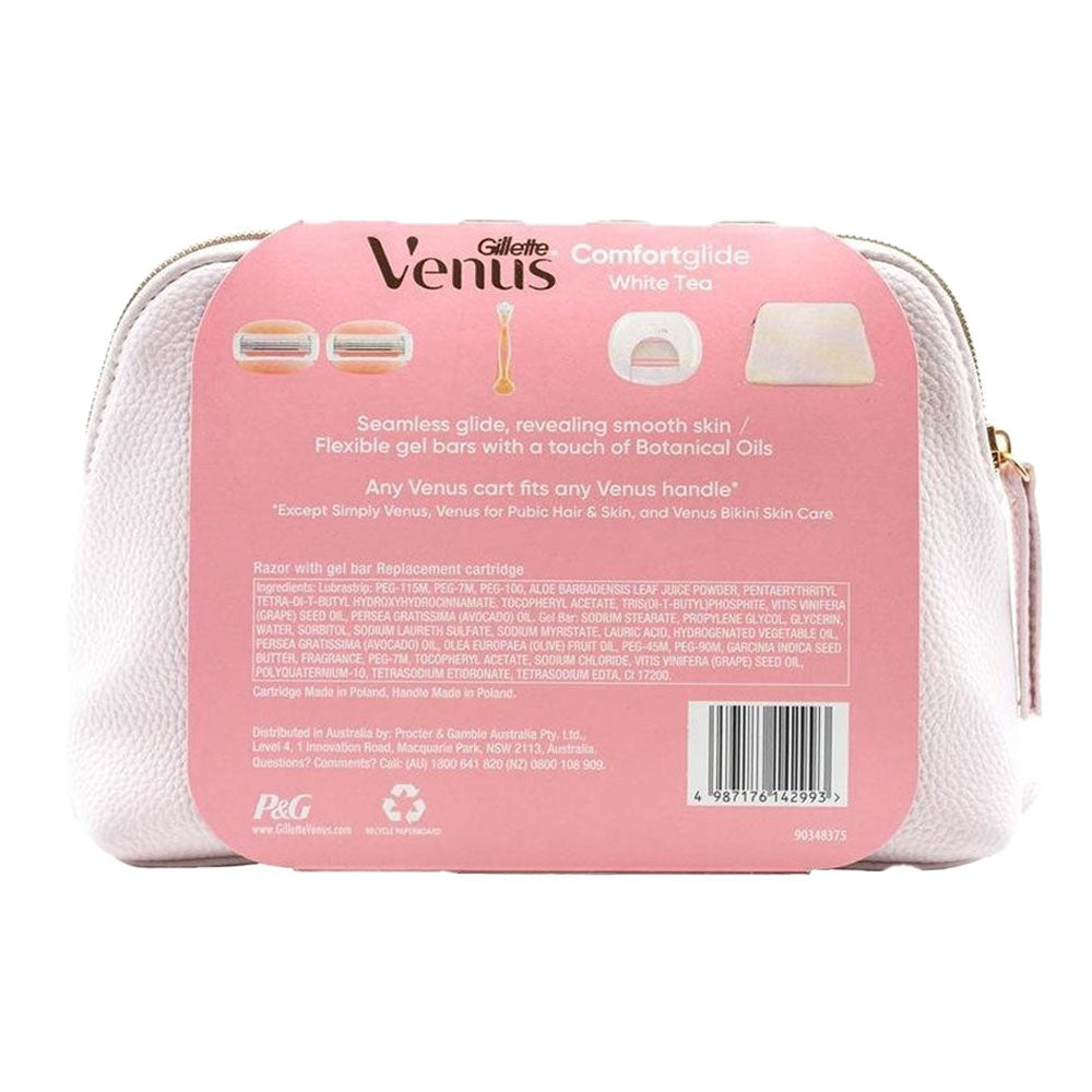 Gillette Venue Comfortglide White Tea Gift Set back of pack with product benefits, ingredients and results for soft skin Blush Fiji