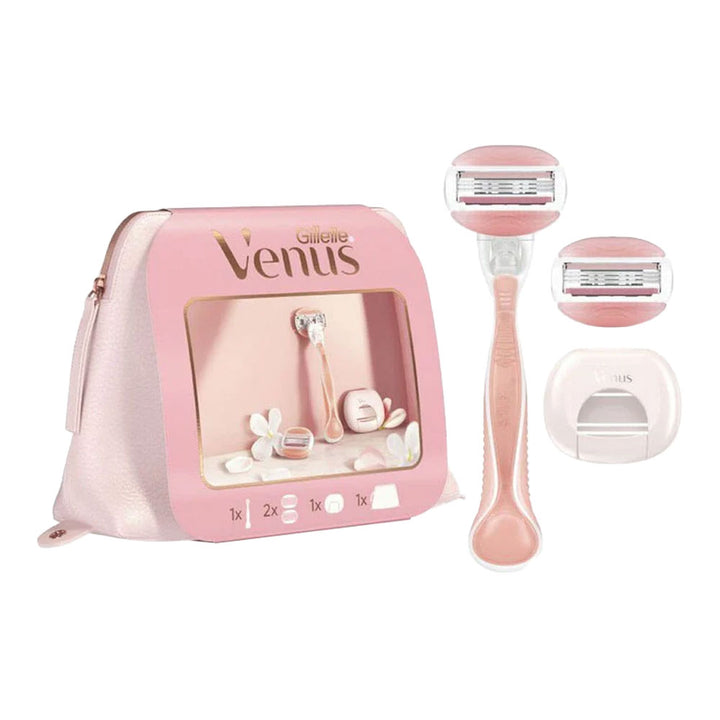 Gillette Venue Comfortglide 5pc Gift Set White Tea contents layout with 5-blade razor, gel and cartridges Blush Fiji