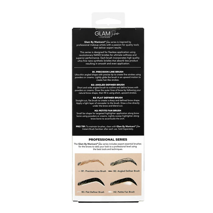 Glam Pro by Manicare Essential Brow Brush Set packaging back with brush guide