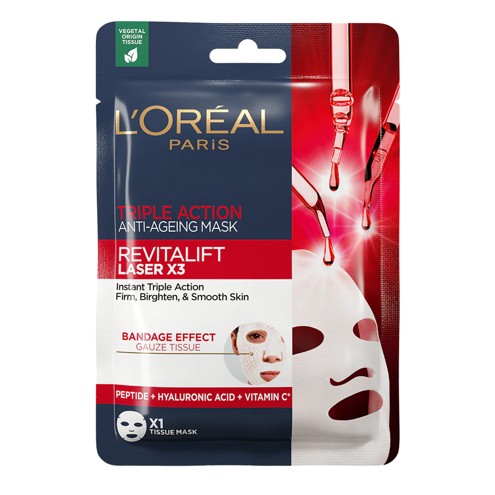 L’Oréal Revitalift Laser Triple Action Tissue Mask 28.0g, multi-action sheet mask that firms, hydrates, and brightens skin